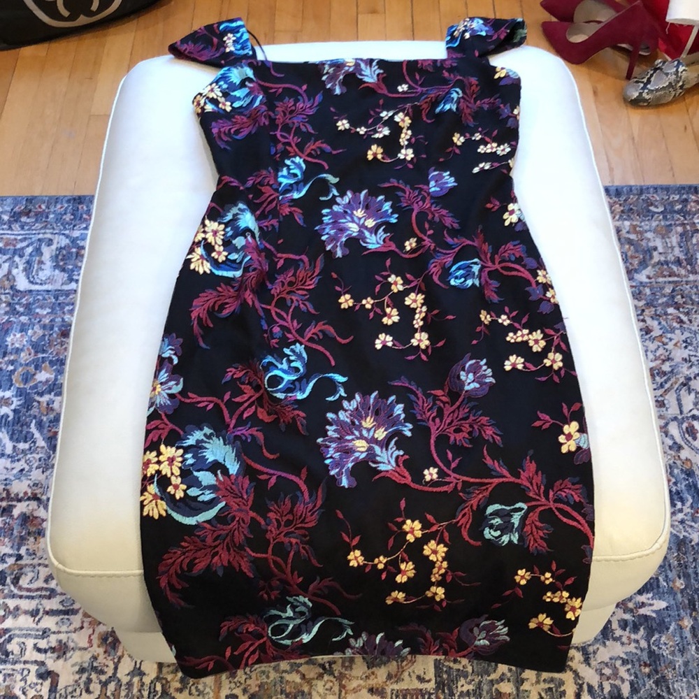 Nicole Miller black/ multi -colored embroidered sheath/midi cocktail dress - Picture 2 of 10